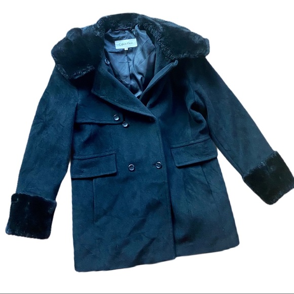 Calvin Klein Jackets & Blazers - Calvin Klein Black Faux Fur Wool Pea Coat